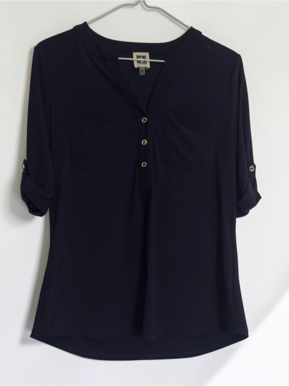Anne Klein Navy Blue Roll Tab Sleeve V-Neck Blouse Size M